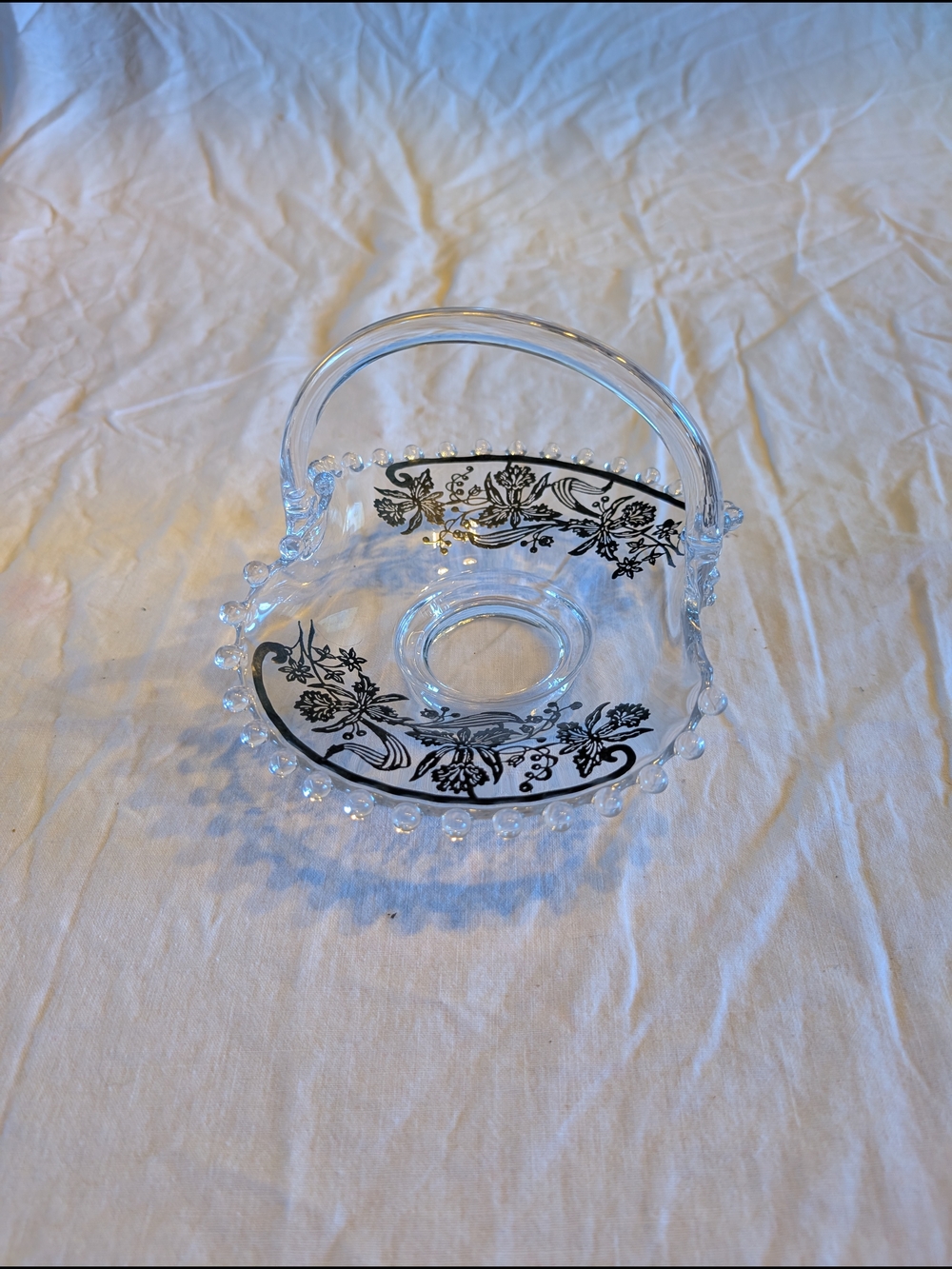2/40$ Vintage Clear Glass Basket with Silver Floral Trim